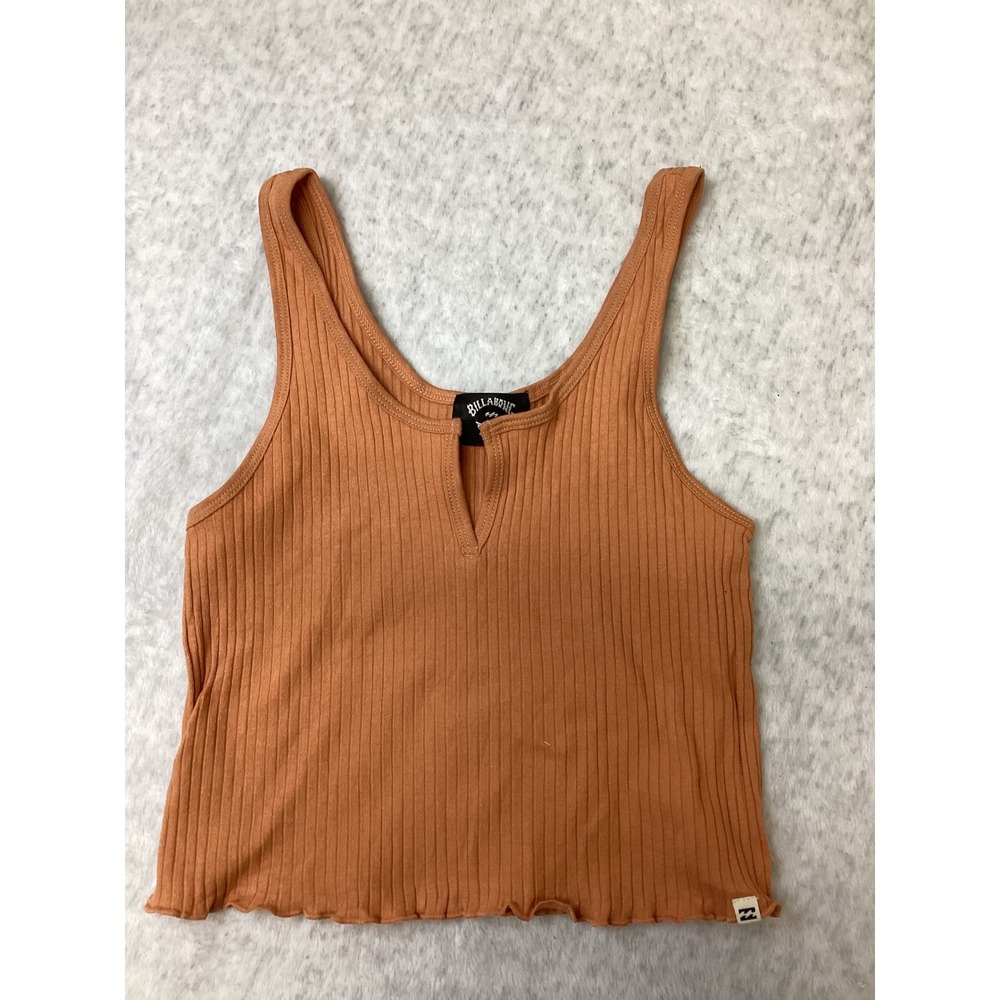 Billabong Womens Ribbed Notch Neck Tank Top Orange Lettuce Edge Hem Crop Med